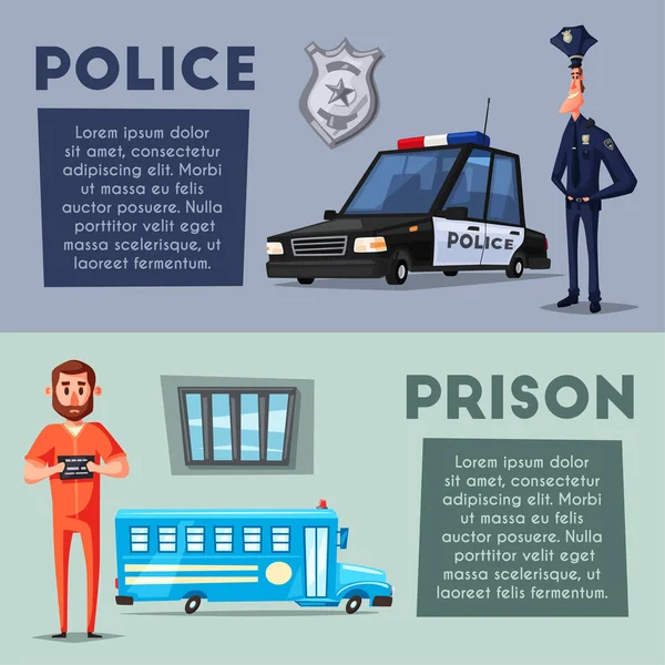 Polizei und Gefängnis. Zeichentrickvektorillustration — Stockvektor