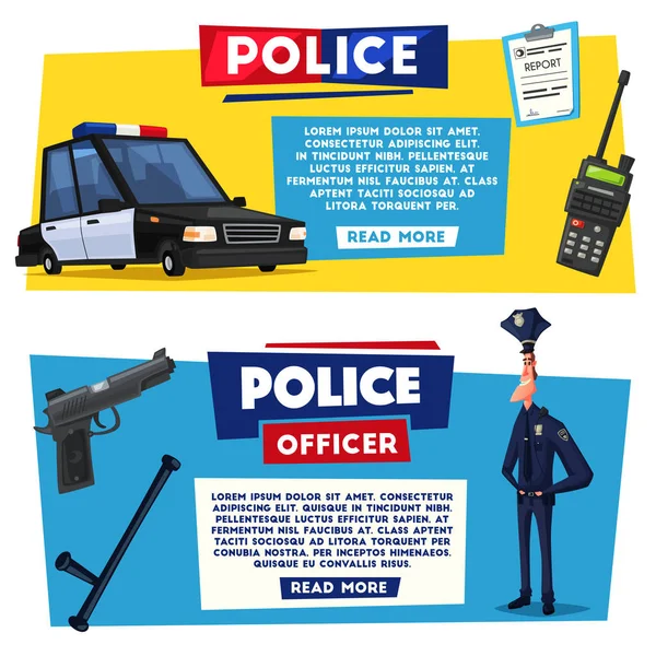 Personnage policier et voiture de police. Illustration vectorielle de bande dessinée — Image vectorielle