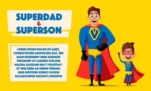 Super-herói com filho. Desenhos animados ilustração vetorial — Vetor de Stock