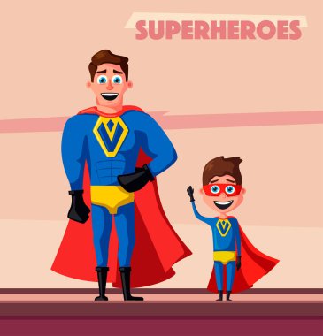 Superhero with son. Cartoon vector illustration clipart