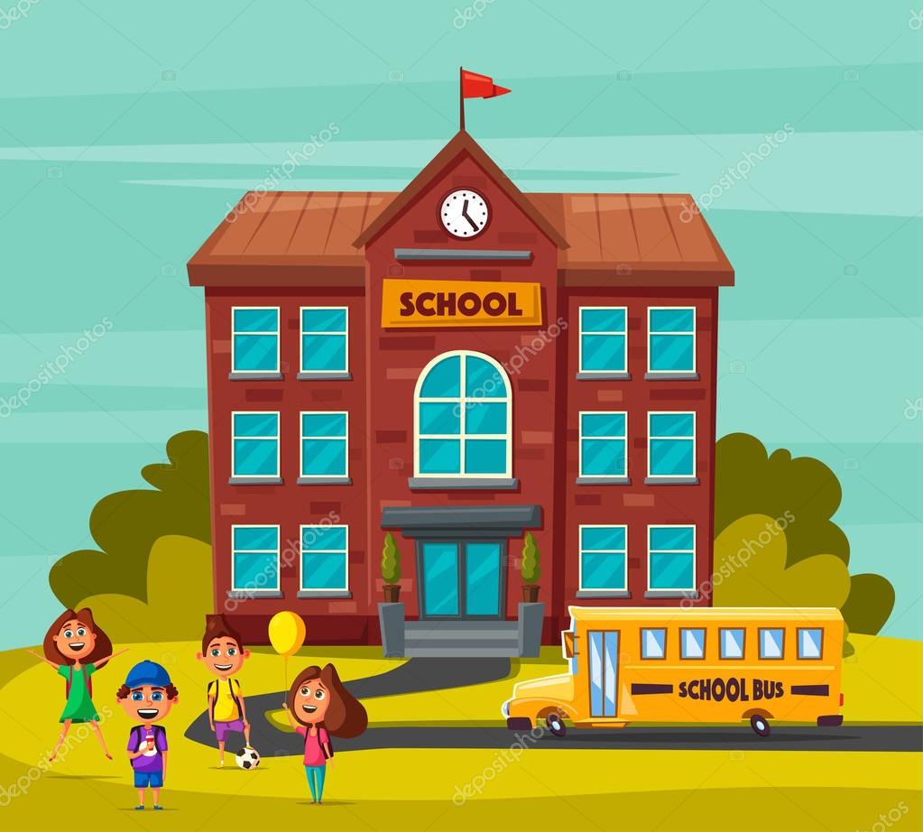 Patios de escuelas animados Regreso a la escuela. Niños en el patio. Vector ilustración de