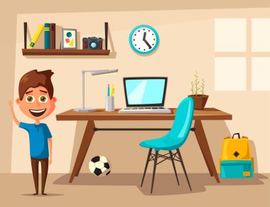 Okul çocuğu evde ders öğrenir. Çizgi film vektör çizim