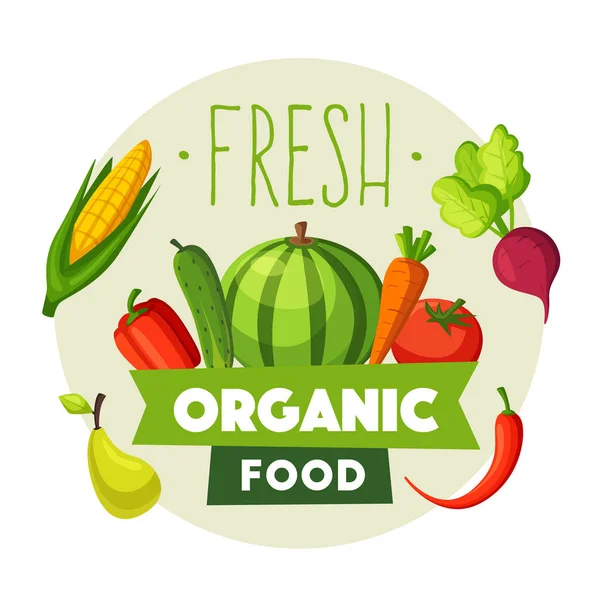 Свежие органические продукты. Эко овощи и фрукты. Мультфильм-векторная иллюстрация . — стоковый вектор