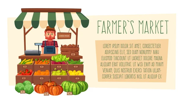 Tienda de granja. Mercado local de puestos. Vendiendo verduras. Dibujos animados vector ilustración . — Archivo Imágenes Vectoriales