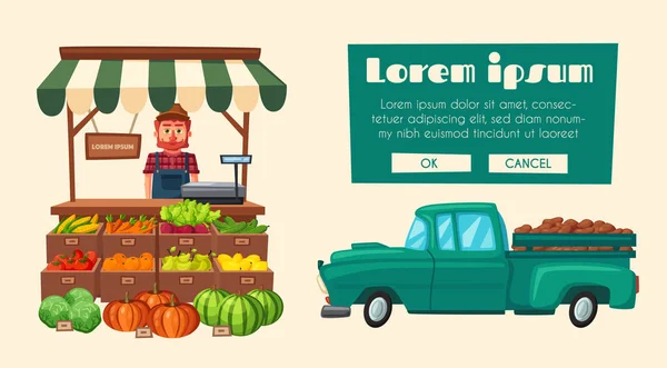 Tienda de granja. Mercado local de puestos. Vendiendo verduras. Dibujos animados vector ilustración . — Vector de stock