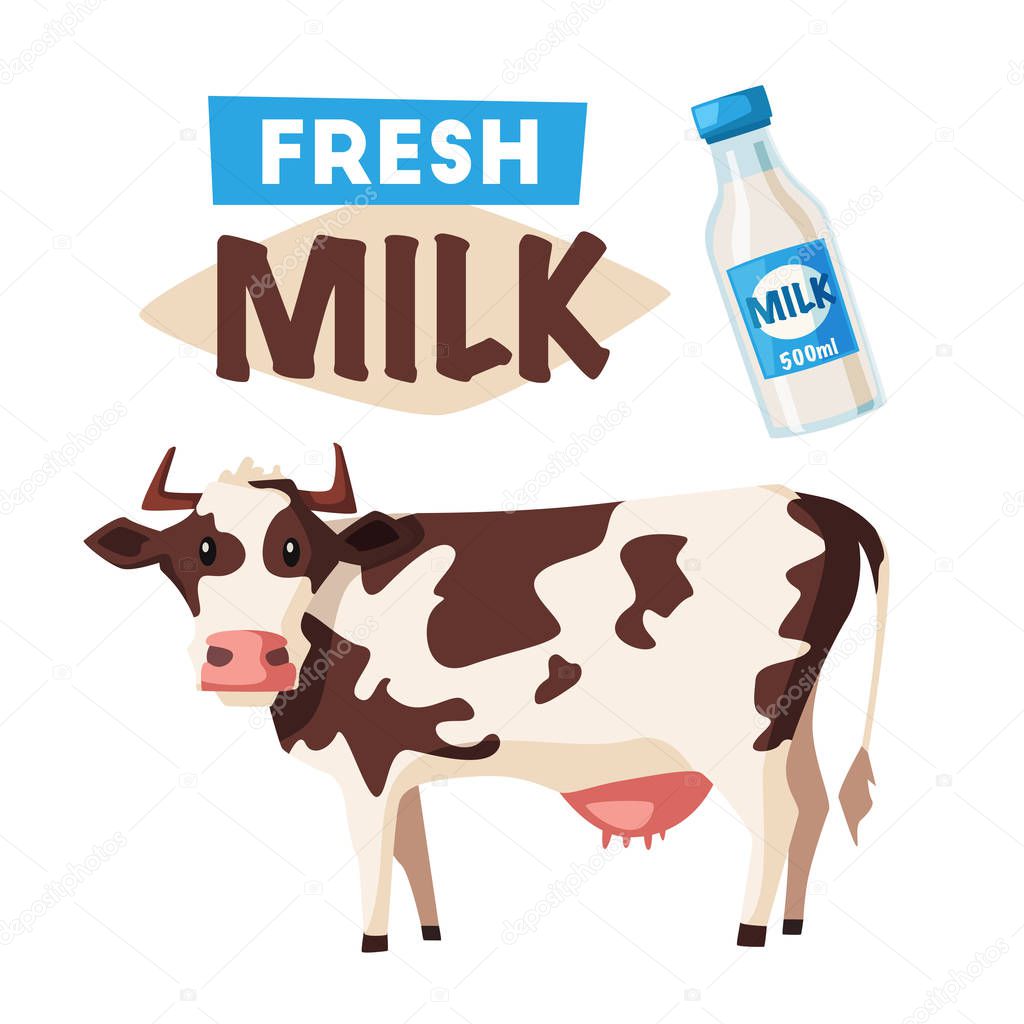 Fresh natural milk. Eco farm logo with cow. Cartoon vector illustration