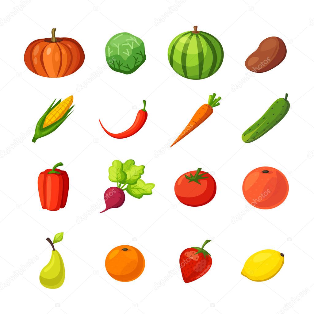 Set of vegetables and fruits. Cartoon vector illustration.