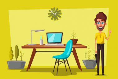 Modern işyerleri. Yaratıcı karakterler. Ofis işi. Çizgi film vektör çizim