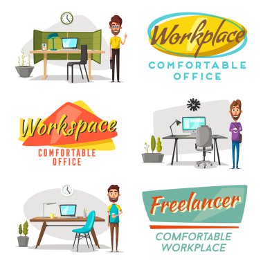 Modern işyerleri. Yaratıcı karakterler. Ofis işi. Çizgi film vektör çizim