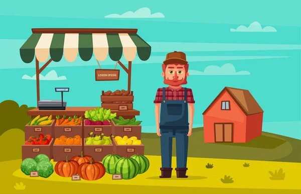 Farmářský obchod. Místního stánku na trhu. Prodej zeleniny. Kreslené vektorové ilustrace. — Stockový vektor