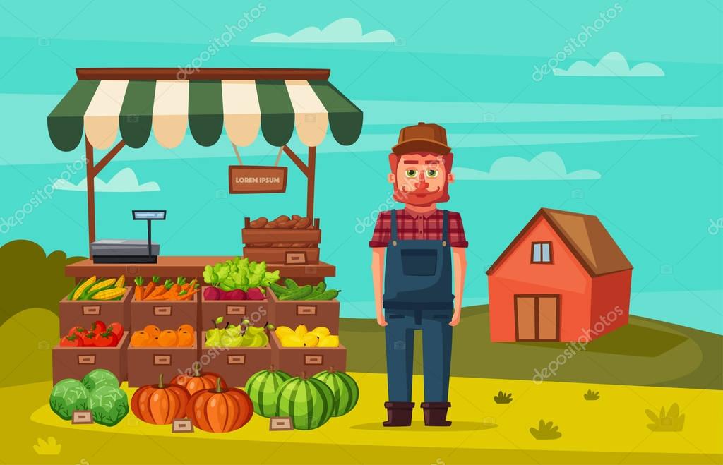 Farm Shop Local Stall Market Selling Vegetables Cartoon Vector