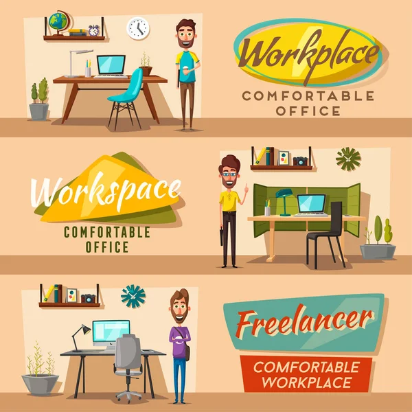 Modern işyerleri. Yaratıcı karakterler. Ofis işi. Çizgi film vektör çizim