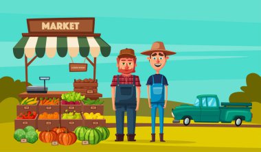 Çiftlik Dükkanı. Yerel durak market. Sebze satan. Çizgi film vektör çizim.