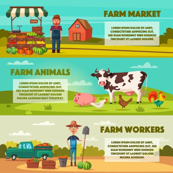 Gård med jordbrukare, produkter och djur. Tecknade vektorillustration. — Stock vektor
