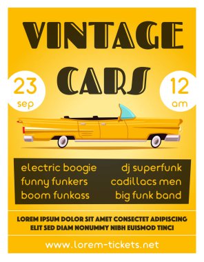 Eski model araba gösterisi afiş. Eski otomatik. Çizgi film vektör çizim