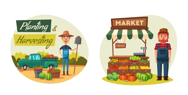 Fazenda com agricultores e produtos. Desenhos animados ilustração vetorial . —  Vetores de Stock