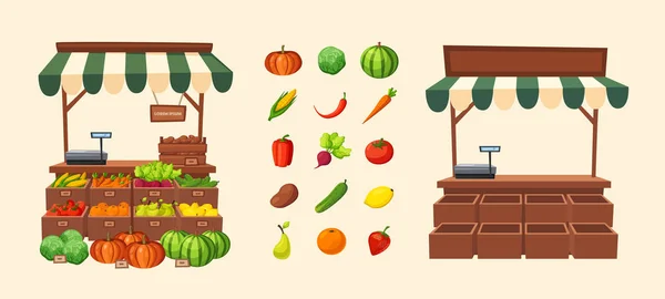 Tienda de granja. Mercado local de puestos. Vendiendo verduras. Dibujos animados vector ilustración . — Vector de stock