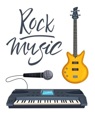 Rock müzik poster. Eski okul partisi. Çizgi film vektör çizim.