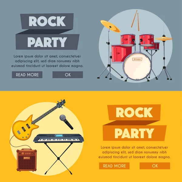 Rocková hudba plakát. Strana, staré školy. Kreslené vektorové ilustrace. — Stockový vektor