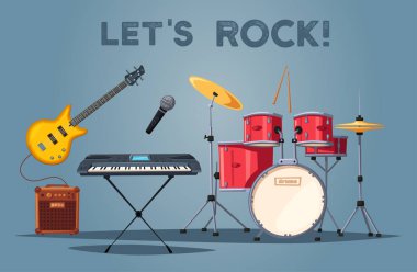 Rock müzik poster. Eski okul partisi. Çizgi film vektör çizim.