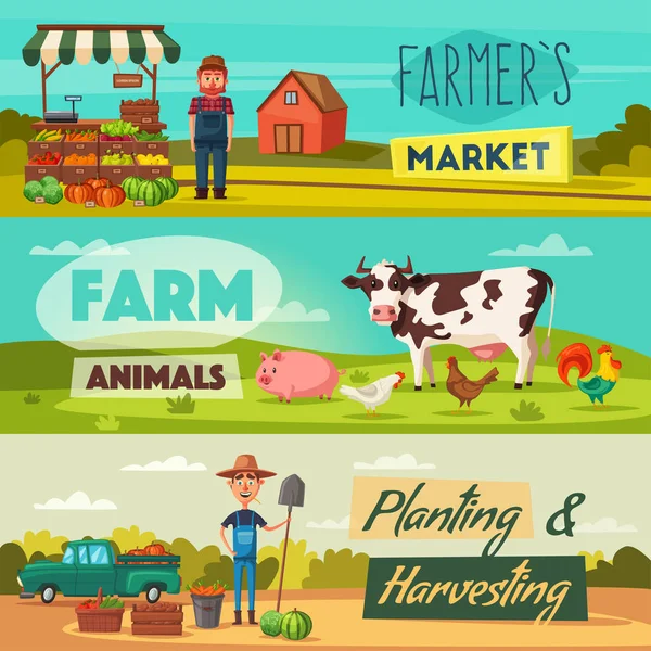 Bauernhof mit Bauern, Produkten und Tieren. Zeichentrickvektorillustration. — Stockvektor