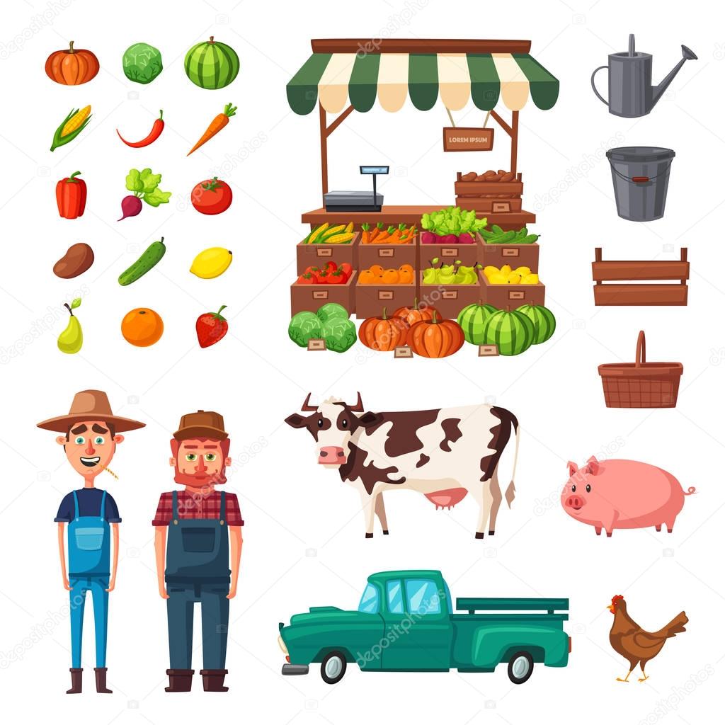Farm set with farmers, products and animals. Cartoon vector illustration.