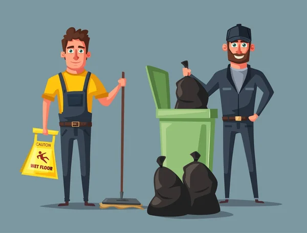 Personaggio del personale di pulizia con attrezzature. Illustrazione vettoriale cartone animato . — Vettoriale Stock