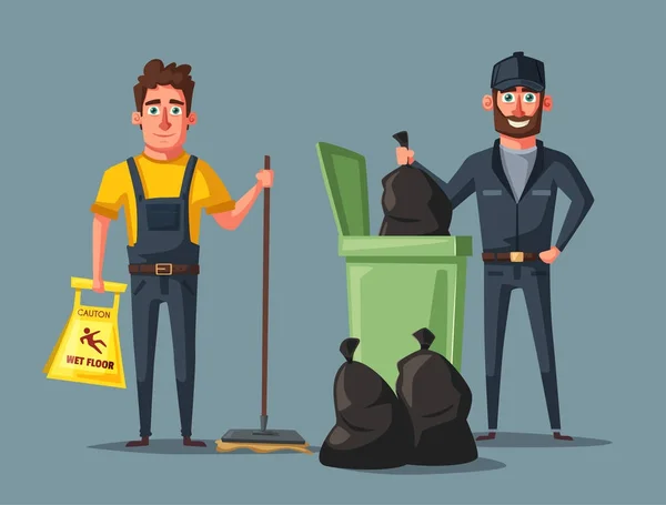 Schoonmaak personeel karakter met apparatuur. Cartoon vectorillustratie. — Stockvector