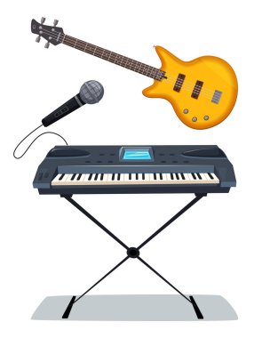 Rock müzik poster. Eski okul partisi. Çizgi film vektör çizim.