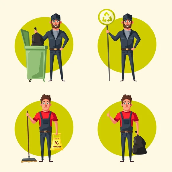 Personagem de equipe de limpeza com equipamentos. Desenhos animados ilustração vetorial . —  Vetores de Stock