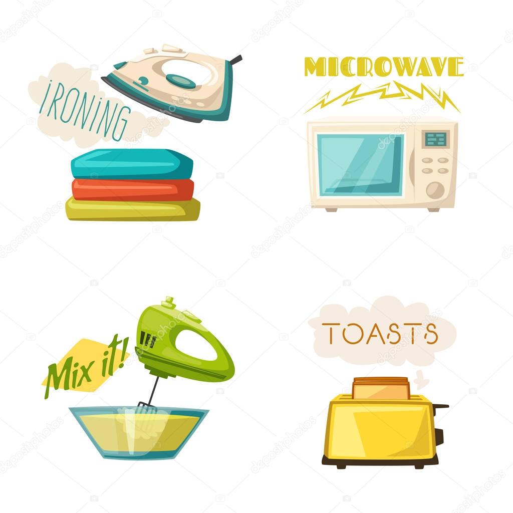 Home electroniscs icons. Cartoon vector illustration. Iron, toaster, microwave and mixer