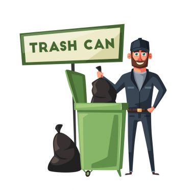 Temizlik personeli karakter ekipman ile. Çizgi film vektör çizim.