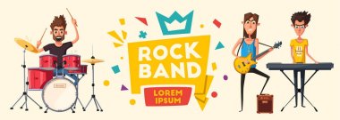 Rock müzik poster. Eski okul partisi. Çizgi film vektör çizim.
