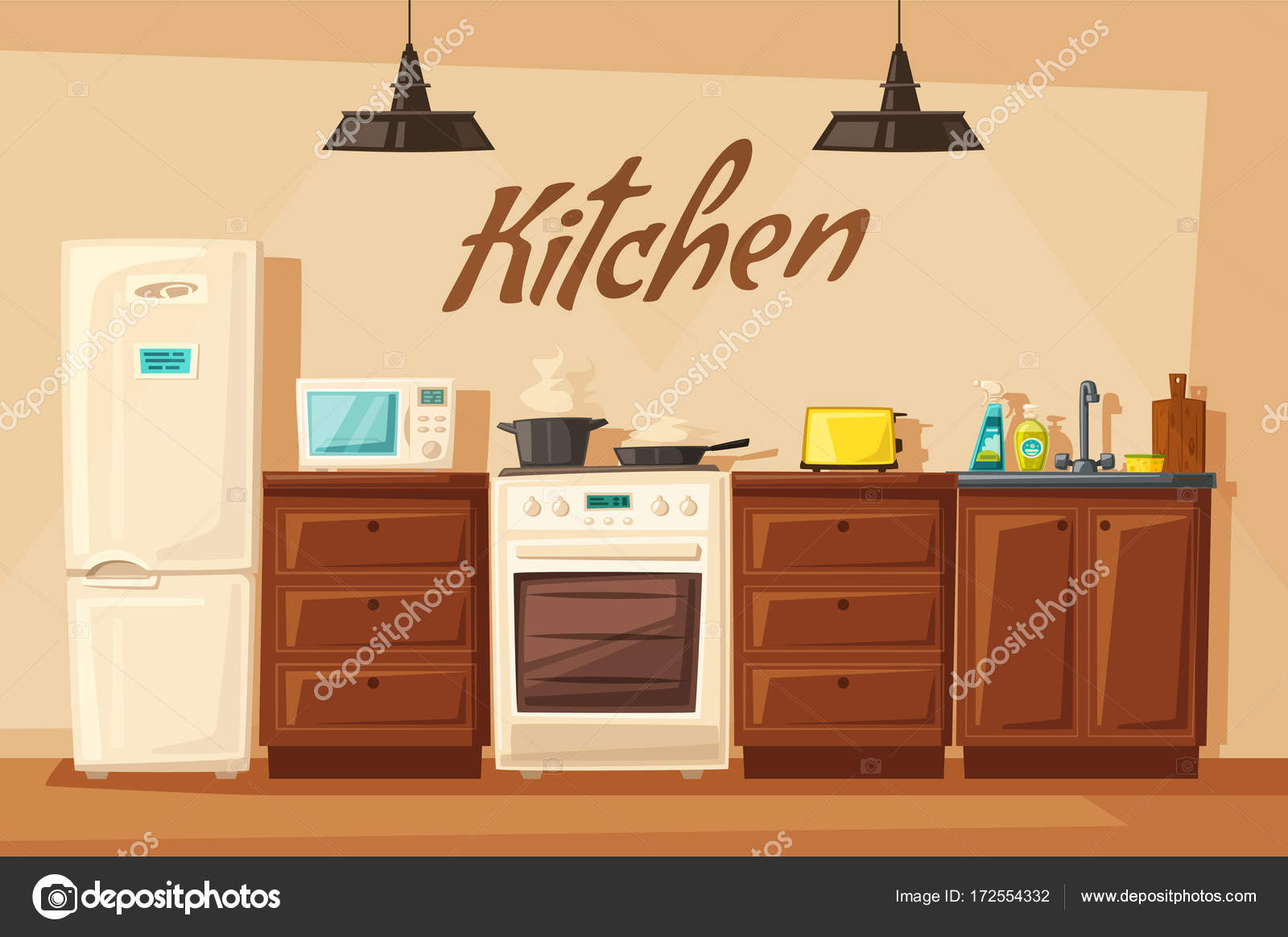 Interiore della cucina con mobili. Fumetto illustrazione vettoriale ... Interiore della cucina con mobili. Fumetto illustrazione vettoriale ...