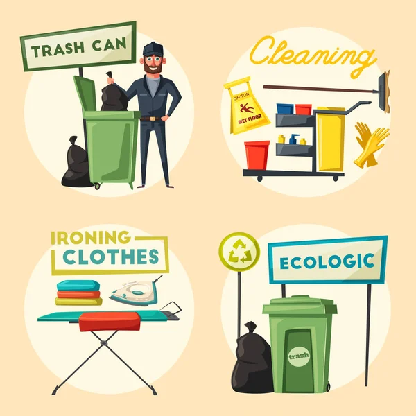 Nettoyage personnel caractère avec l'équipement. Illustration vectorielle de bande dessinée . — Image vectorielle