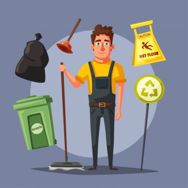 Temizlik personeli karakter ekipman ile. Çizgi film vektör çizim.