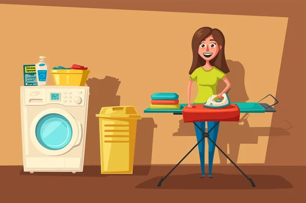 Wasruimte met wasmachine en huisvrouw. Cartoon vectorillustratie — Stockvector