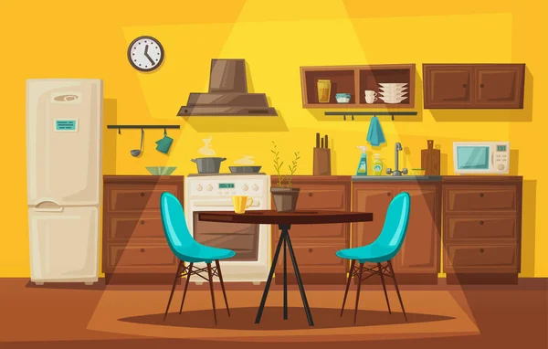 Interior de la cocina con muebles. Dibujos animados vector ilustración — Vector de stock