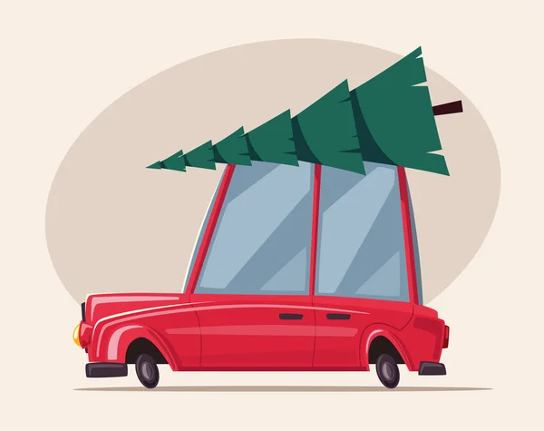 Man is driving a vintage car with christmas tree on the roof. Cartoon vector illustration — Stock Vector