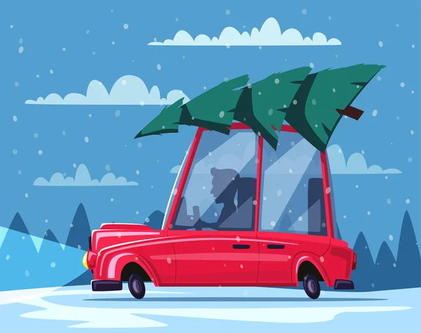 Άνδρας οδηγεί ένα εκλεκτής ποιότητας αυτοκίνητο με Χριστουγεννιάτικο δέντρο στην οροφή. Καρτούν εικονογράφηση φορέα — Διανυσματικό Αρχείο