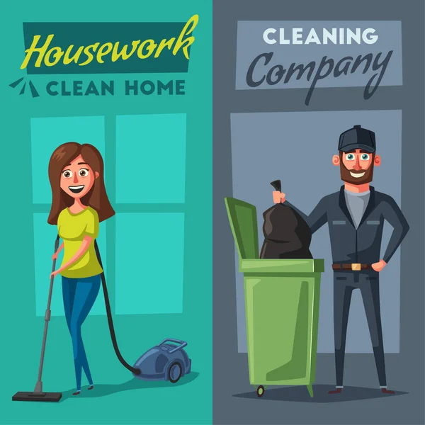 Personagem de equipe de limpeza com equipamentos. Desenhos animados ilustração vetorial . — Vetor de Stock