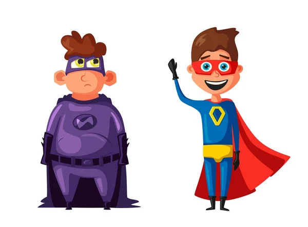 Miúdos a usar super-heróis engraçados. Desenhos animados ilustração vetorial — Vetor de Stock