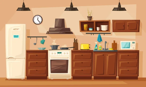Interior da cozinha com mobiliário. Desenhos animados ilustração vetorial —  Vetores de Stock