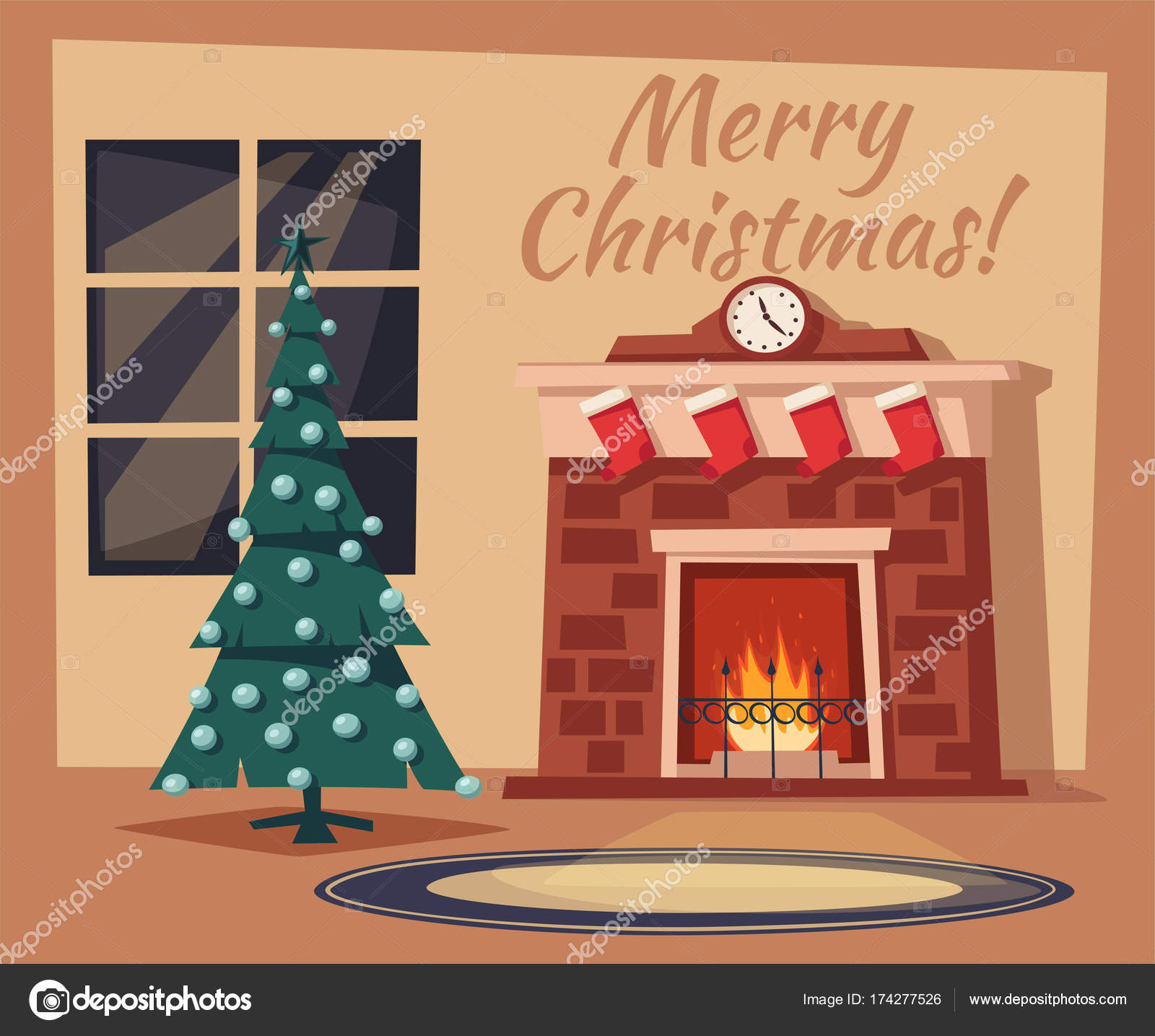 Merry Christmas. Fireplace and tree with decorations. Cartoon vector  illustration Stock Vector Image by ©dmitrymoi #174277526