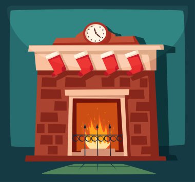 Mutlu Noeller. Şömine ve ağacı süslemeleri ile. Çizgi film vektör çizim