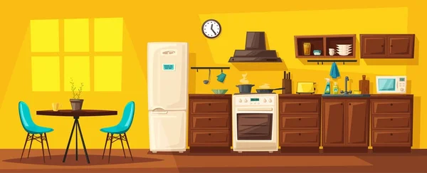 Interior da cozinha com mobiliário. Desenhos animados ilustração vetorial —  Vetores de Stock