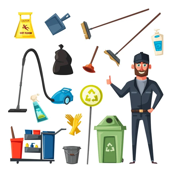 Nettoyage personnel caractère avec l'équipement. Illustration vectorielle de bande dessinée . — Image vectorielle