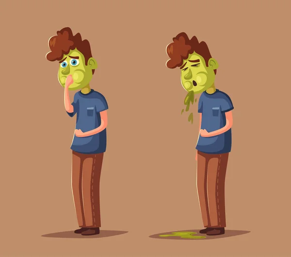 Persona infeliz vomitando por intoxicación alimentaria. Dibujos animados vector ilustración — Archivo Imágenes Vectoriales