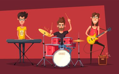 Rock müzik poster. Eski okul partisi. Çizgi film vektör çizim.
