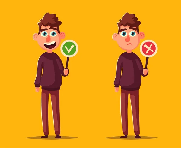 Person holding Right and Wrong Signs. Cartoon vector illustration — Stock Vector